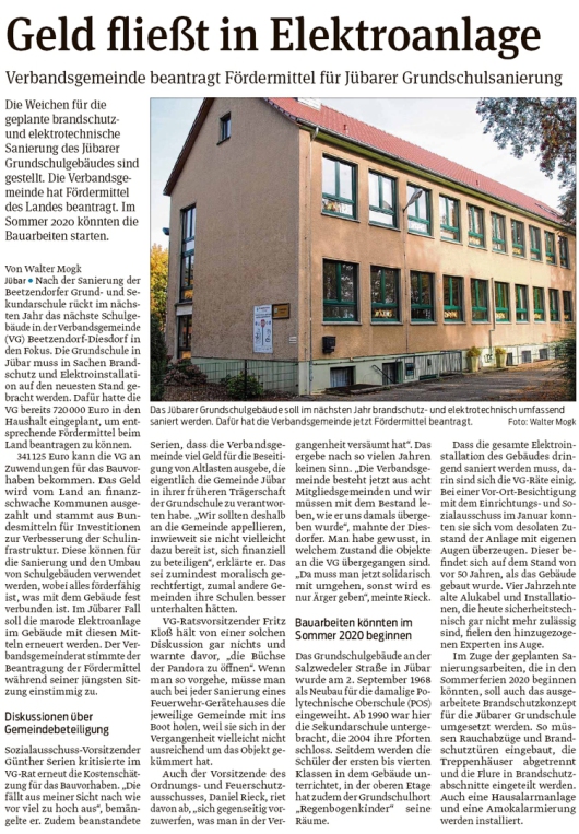 20191024 Volksstimme - Jübar - Fördermittel für Grundschulsanierung beantragt (Walter Mogk)