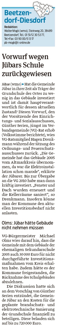 20191028 Volksstimme - Jübar - Grundschulsanierung kostet 720T€ (Walter Mogk)