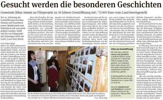 20191101 Volksstimme - Gemeinde Jübar - Filmprojekt zur Grenzöffnung (Walter Mogk)