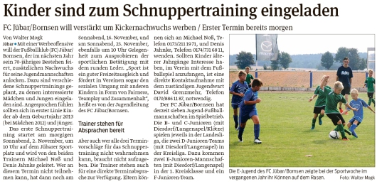 20191101 Volksstimme - Jübar - FCJB - Nachwuchs für die Jugendmannschaften (Walter Mogk)