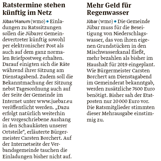 20191101 Volksstimme - Jübar - Ratsbeschlüsse aus der 3. Sitzung (Walter Mogk)