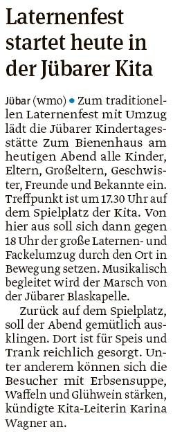 20191106 Volksstimme - Jübar - Laternenfest startet heute am Bienenhaus (Walter Mogk)