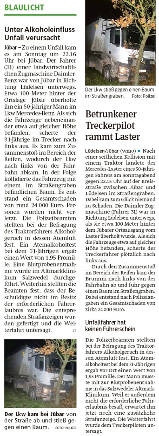 20191126 Altmark Zeitung - Volksstimme - Jübar-Lüdelsen - Unfall durch Promille (Christian Reuter - Walter Mogk)