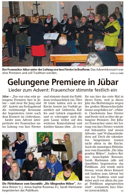 20191203 Altmark Zeitung - Jübar - Frauenchor singt Adventslieder (Kai Zuber)