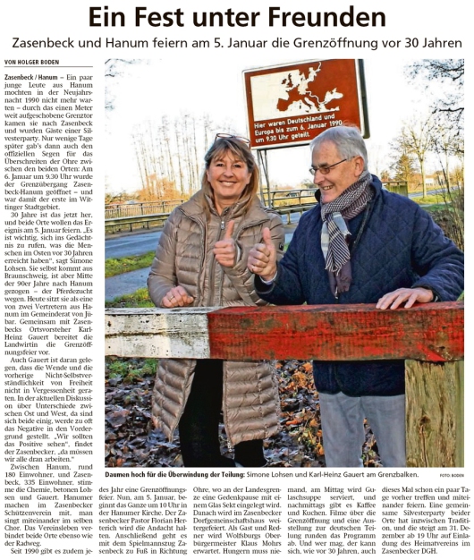 20191228 Altmark Zeitung - Hanum - Zasenbeck und Hanum feiern am 5. Januar die Grenzöffnung (Holger Boden)