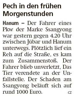 20191228 Altmark Zeitung - Hanum - 1000 € Schaden am Ssangyong (cz)