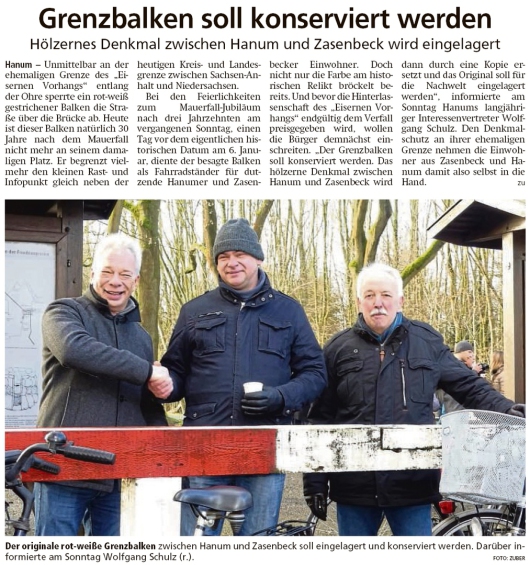 20200108 Altmark Zeitung - Hanum - Grenzbalken wird für die Nachwelt konserviert (Kai Zuber)