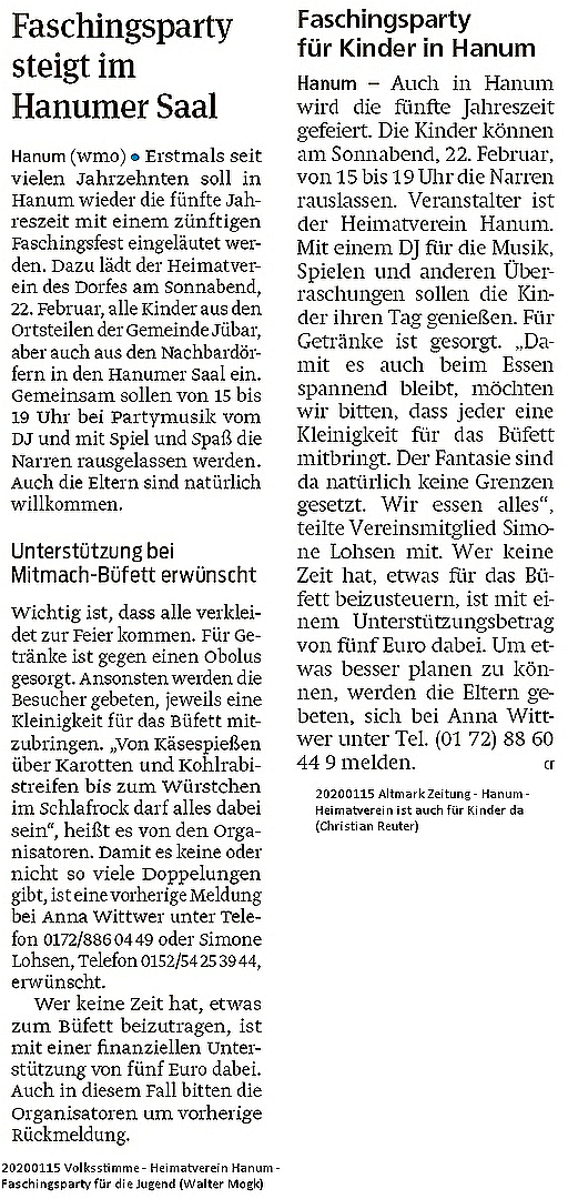 20200115 Altmark Zeitung/Volksstimme - Hanum - Heimatverein ist auch für Kinder da (Christian Reuter/Walter Mogk)