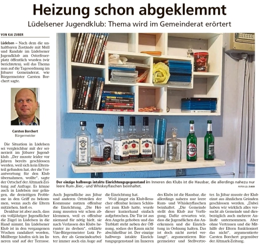 20200128 Altmark Zeitung - Lüdelsen - leere Spirituosenflaschen im Jugendklubraum (Kai Zuber)
