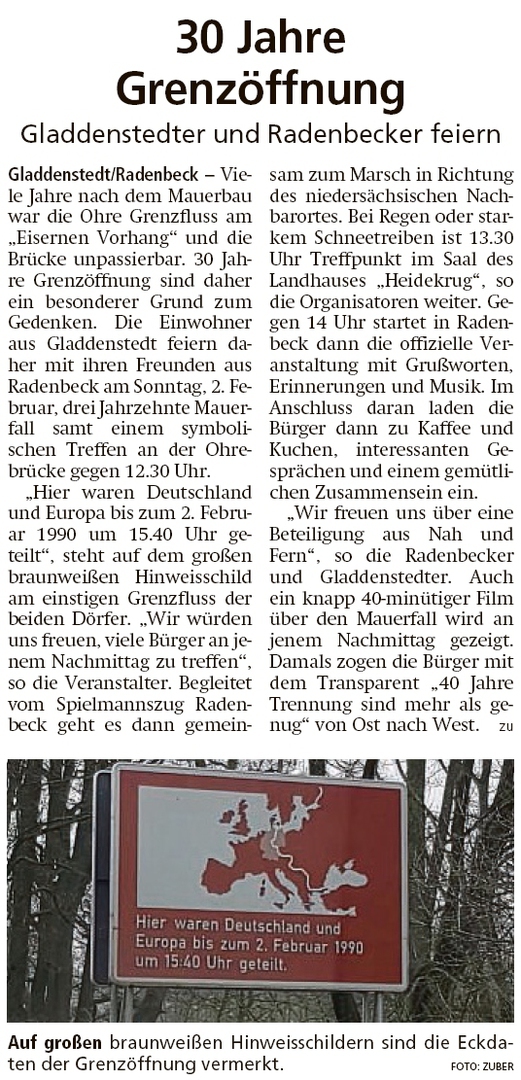 20200128 Altmark Zeitung - Feier zu 30 Jahre Mauerfall zwischen Gladdenstedt und Radenbeck (Kai Zuber)