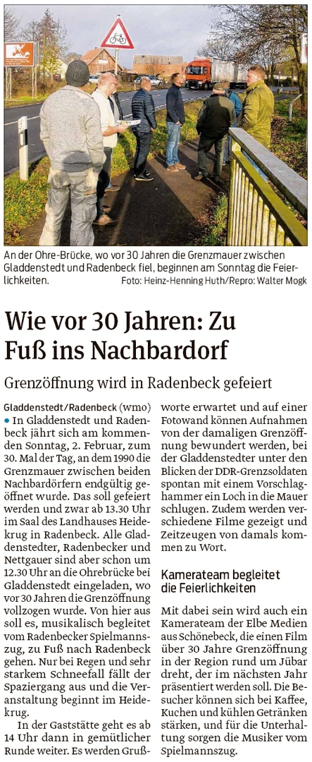 20200130 Volksstimme - Gladdenstedt - 30 Jahre Mauerfall wird in Radenbeck gefeiert (Walter Mogk)