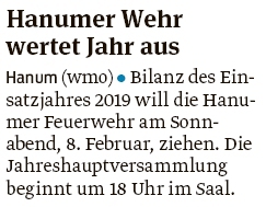 20200130 Volksstimme - Hanum - Feuerwehr lädt zur Jahreshauptversammlung (Walter Mogk)