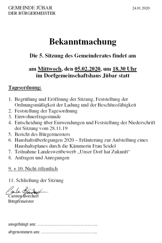 - Gemeinde - 5. Ratsitzung am 05. Februar 2020 -