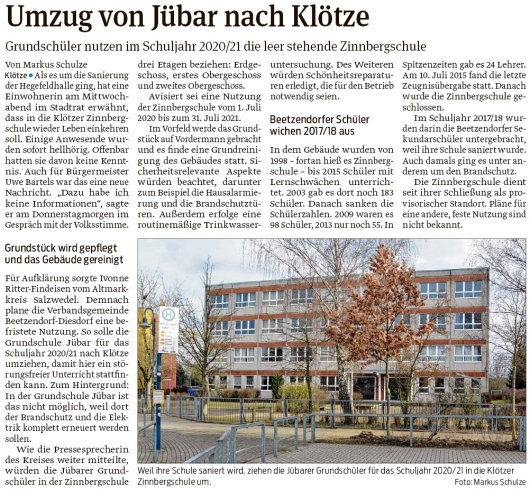 20200201 Volksstimme - Jübar - Grundschulumzug nach Klötze (Markus Schulze)