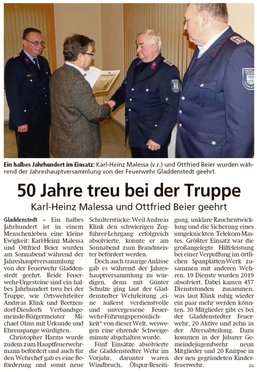 20200203 Altmark Zeitung - Gladdenstedt - FFW - K-H Malessa und O. Beier geehrt (Kai Zuber)