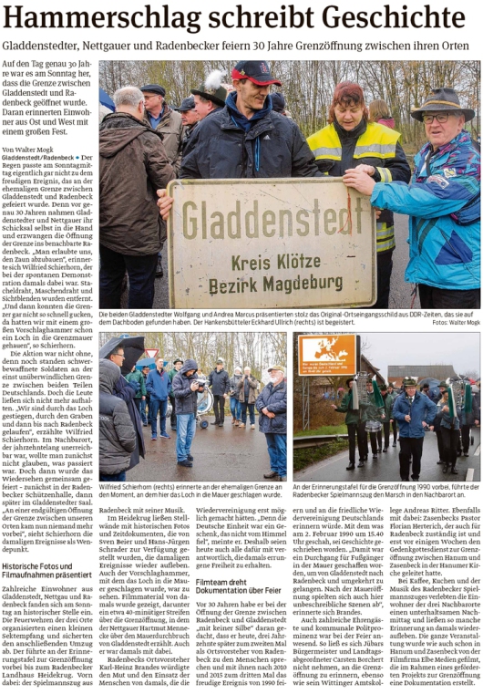 20200204 Volksstimme - Gladdenstedt und Radenbeck - 30. Grenzöffnungsfeier (Walter Mogk)