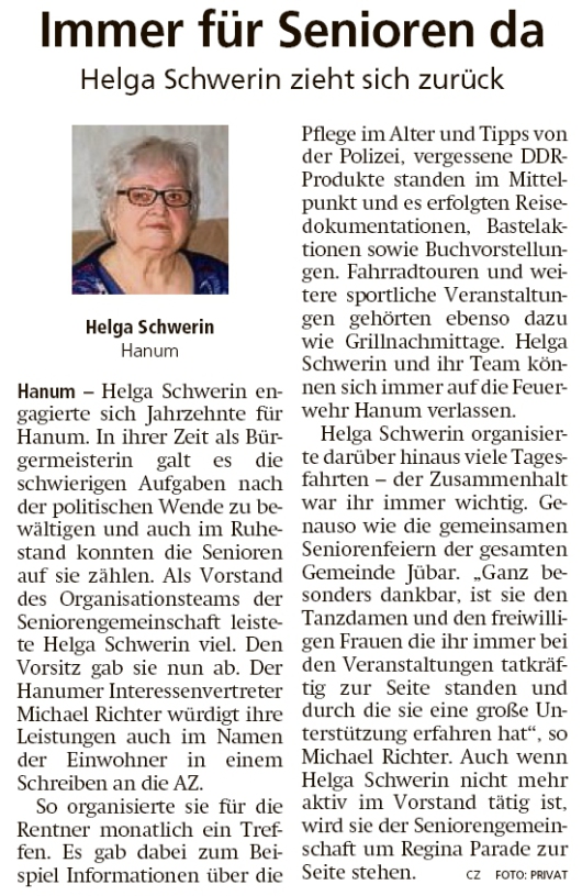20200211 Altmark Zeitung - Hanum - Ehrung für Helga Schwerin als Seniorenbetreuerin (CZ)