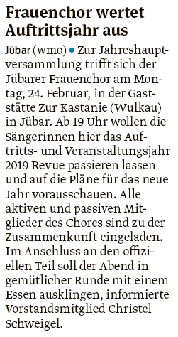 20200211 Volksstimme - Jübar - JHV des Fauenchores am 24. (Walter Mogk)
