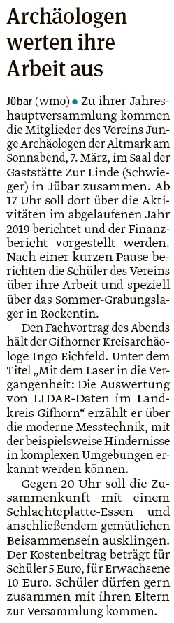 20200215 Volksstimme - Jübar - Junge Archäologen - Jahreshauptversammlung bei Schwieger (Walter Mogk)
