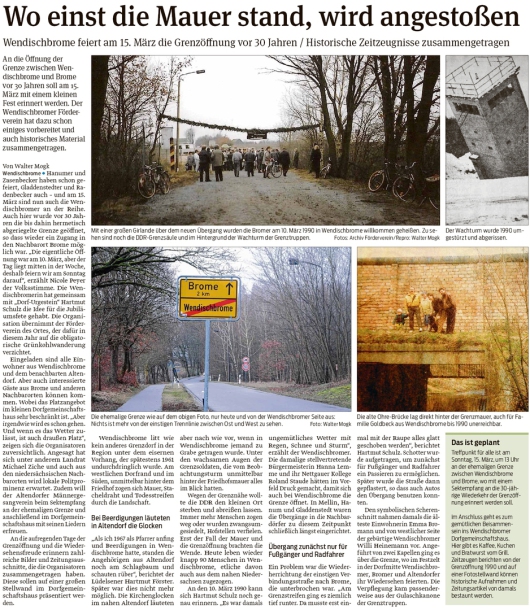 20200229 Volksstimme - Wendischbrome-Brome - 30. Grenzöffnungsfeier am 15. März (Walter Mogk)