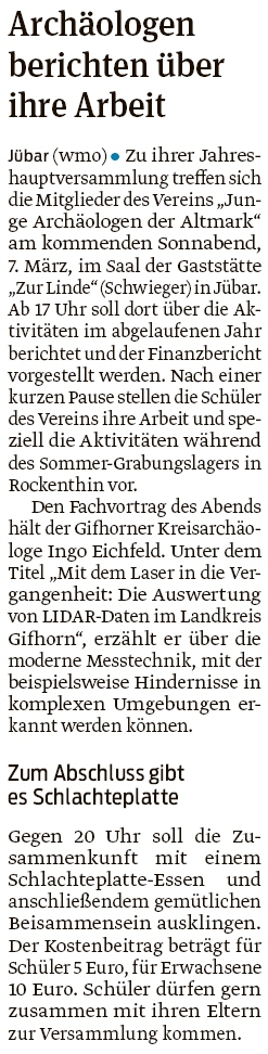 20200304 Volksstimme - Jübar - JHV der Jungen Archäologen am 7. März (Walter Mogk)