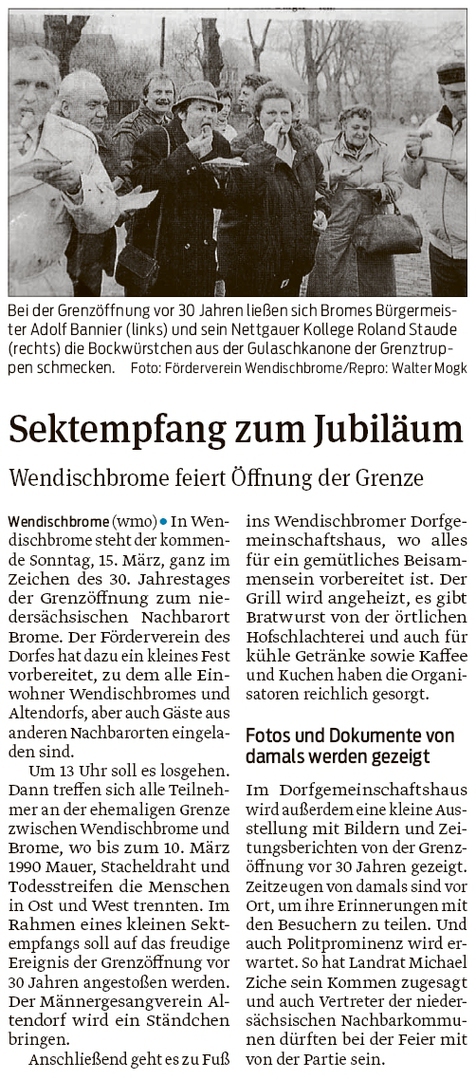20200312 Volksstimme - Wendischbrome-Brome - 30. Grenzöffnungsfeier am 15. März (Walter Mogk)
