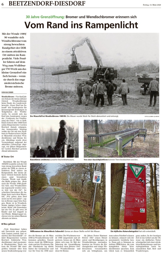20200313 Altmark Zeitung - 1990 Mauerfall - 30 Jahre Grenzöffnung Wendischbrome-Brome (Kai Zuber)