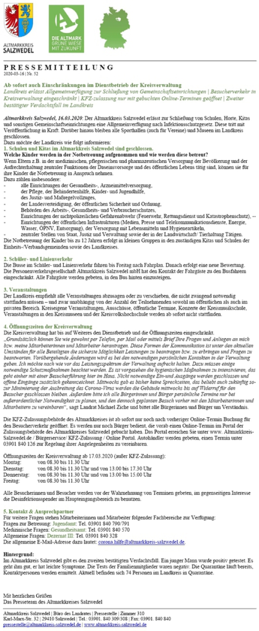 20200317 Altmarkkreis Salzwedel - Aktuelle Maßnahmen zur Bekämpfung des Corona-Virus