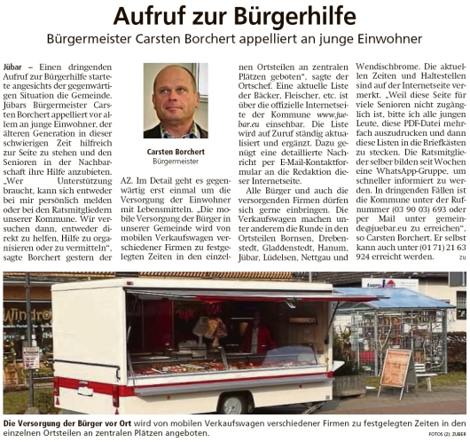 20200321 Altmark Zeitung - Gemeinde - Aufruf zur Bürgerhilfe (Kai Zuber)