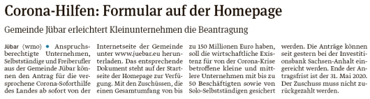 20200331 Volksstimme - Gemeinde Jübar - Corona-Hilfen Formular auf WebSite (Walter Mogk)