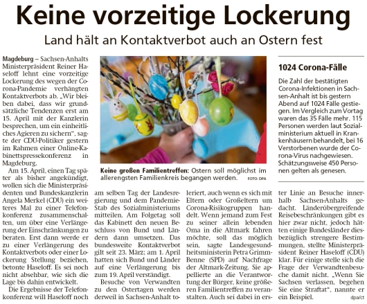 20200408 Altmark Zeitung - Magdeburg - Land hält an Kontaktverbot auch an Ostern fest (dpa-ct)