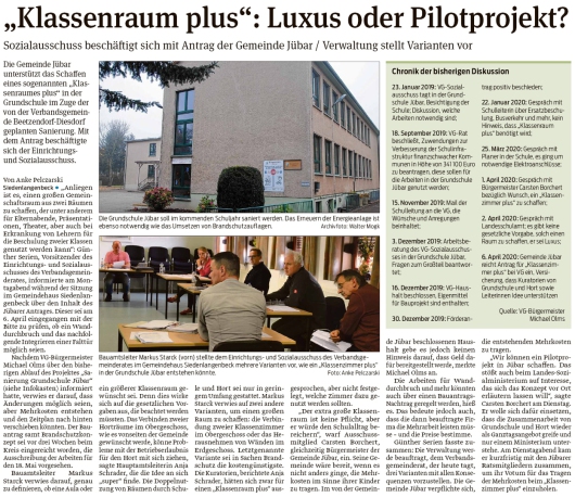 20200506 Volksstimme - Jübar - 'Klassenraum plus' als Pilotprojekt (Anke Pelczarski)