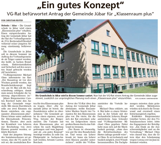 20200512 Altmark Zeitung - Jübar - Klassenraum Plus von VG-Rat befürwortet (Christian Reuter)