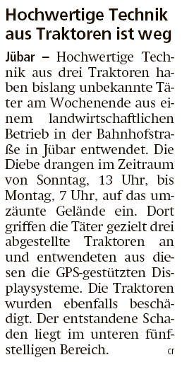 20200512 Altmark Zeitung - Jübar - GPS-Displaysysteme aus Traktoren entwendet (Christian Reuter)