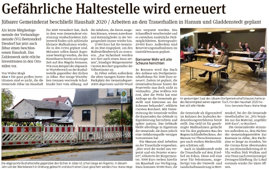 20200519 Volksstimme - Gemeinde Jübar - Rat beschließt Haushalt 2020 (Walter Mogk)