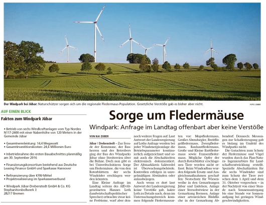 20200525 Altmark Zeitung - Drebenstedt - Windkraftanlagen und Fledermäuse (Kai Zuber)