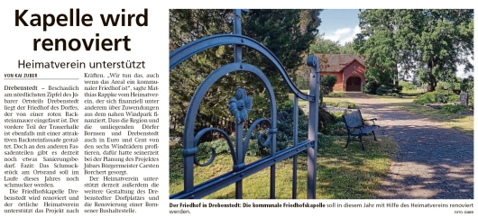 20200612 Altmark Zeitung - Drebenstedt - Heimatverein unterstützt Projekt Friedhofskapelle (Kai Zuber)
