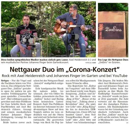 20200616 Altmark Zeitung - Nettgau - 2inEins im 'Corona-Konzert' auf YouTube (Kai Zuber)
