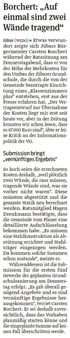 20200620 Volksstimme - Jübar -  Mehrkosten für den Umbau der Jübarer Grundschule (Walter Mogk)
