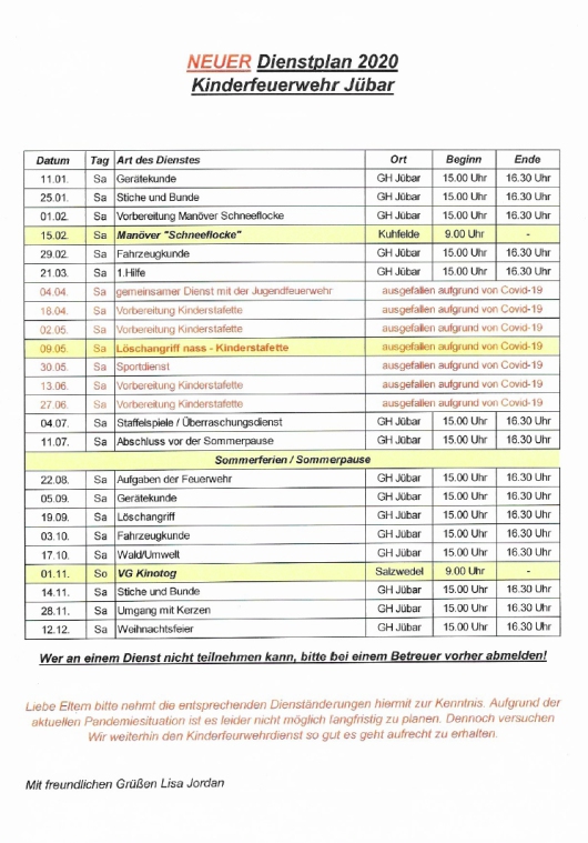 20200701 Kinderfeuerwehr Jübar Dienstplan 2020