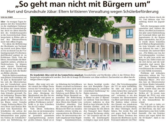20200708 Altmark Zeitung - Jübar - Grundschule, Probleme mit der Schülerbeförderung (Kai Zuber)