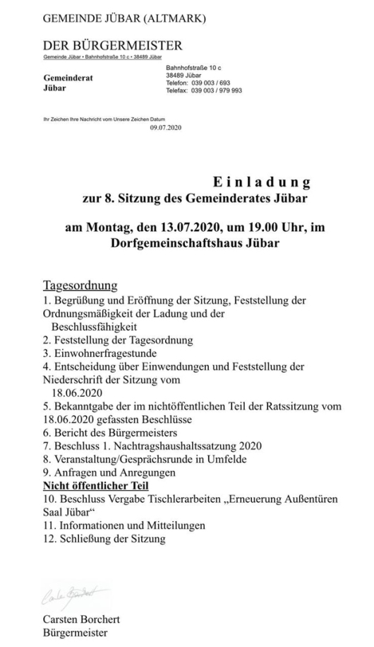 Gemeinde Jübar - 8. Sitzung des Gemeinderates am 13.07.2020