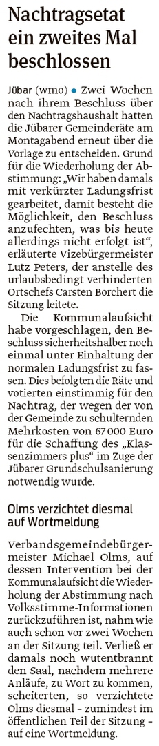 20200729 Volksstimme - Gemeinde Jübar - Nachtragsetat beschlossen (Walter Mogk)