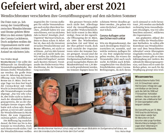 20200812 Volksstimme - Wendischbrome - Grenzöffnungsfeier verschoben (Walter Mogk)