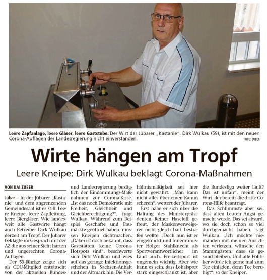 20201109 Altmark Zeitung - Jübar - Dirk Wulkau sorgt sich um Kneipe (Kai Zuber)