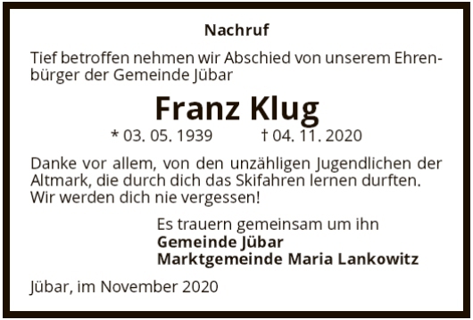 20201110 Altmark Zeitung - Abschied von Ehrenbürger Franz Klug