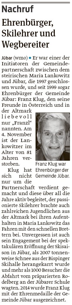 20201114 Volksstimme - Nachruf für Ehrenbürger Franz Klug
