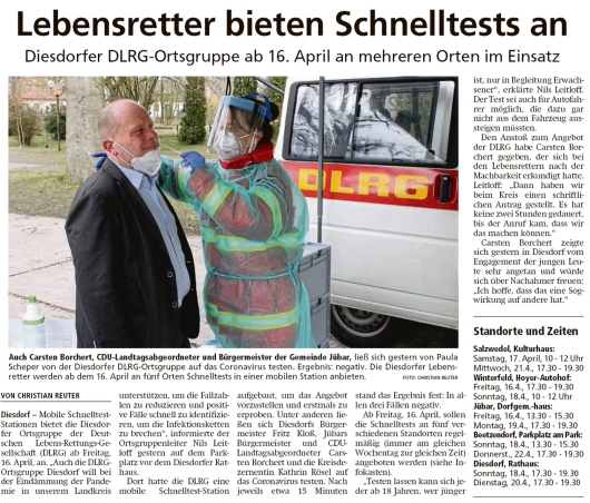 20210414 Altmark Zeitung - Verbandsgemeinde - DLRG bietet mobil Schnelltests an (Christian Reuter)