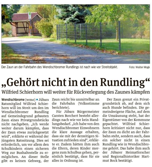 20211126 Volksstimme - Wendischbrome - Zaun am Rundling soll versetzt werden (von Walter Mogk)