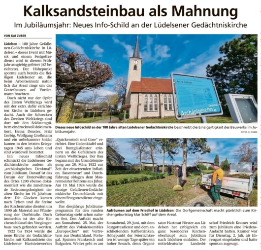 20240311 Altmark Zeitung - Lüdelsen - Gedächtniskirche 100 Jahre (Kai Zuber)